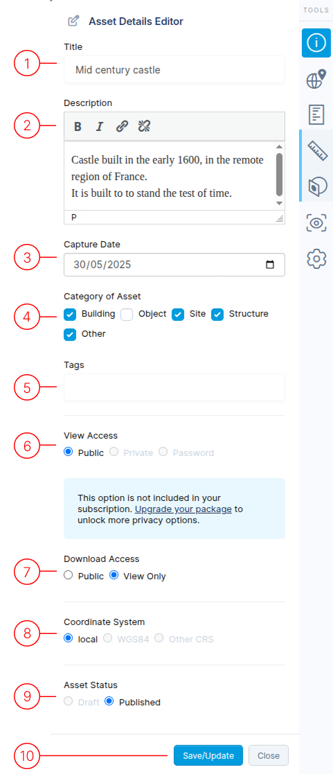 Asset side menu details editor
